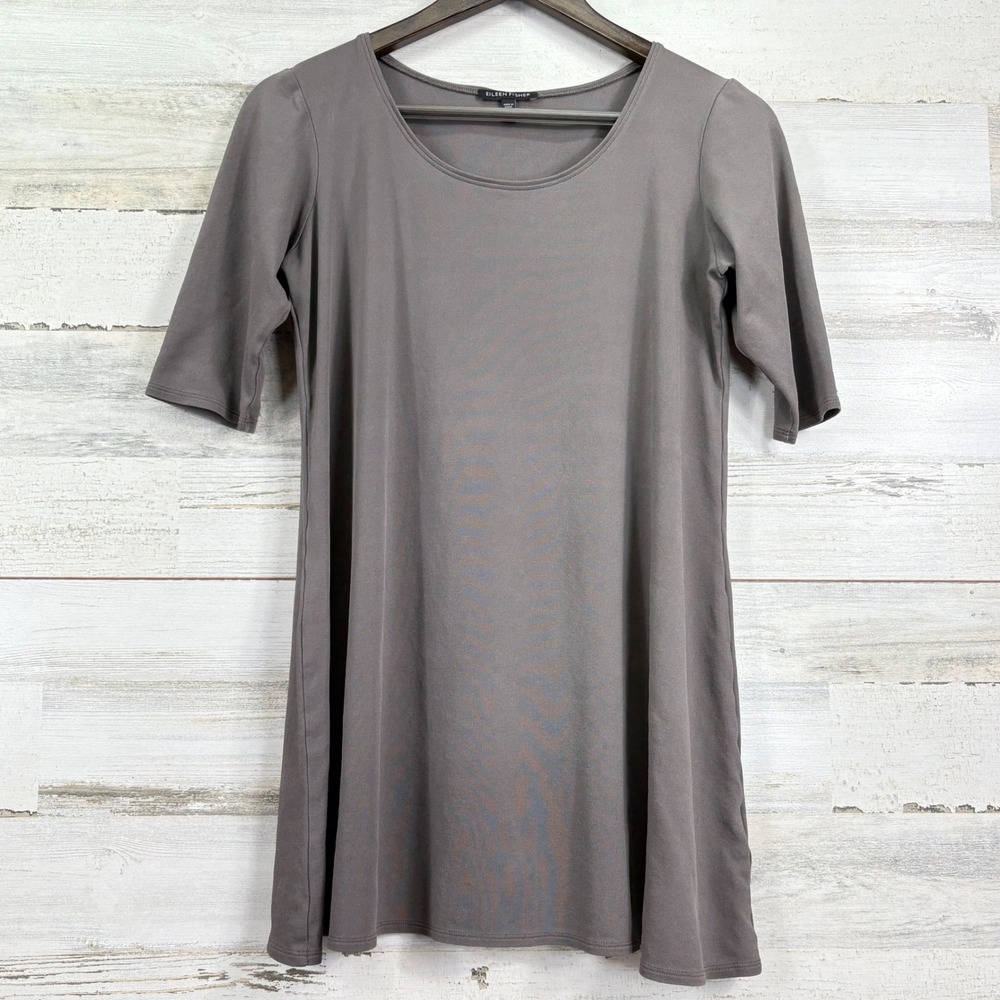 Eileen Fisher Gray 100% Silk Tunic Mini Dress Half Sleeve Scoop Neck Size S